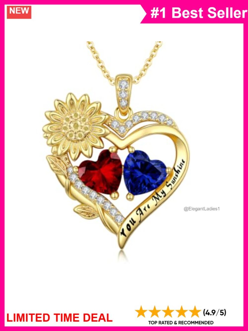 14K Gold Plated Heart Birthstone Necklace Sunflower Pendant 18-20" Women